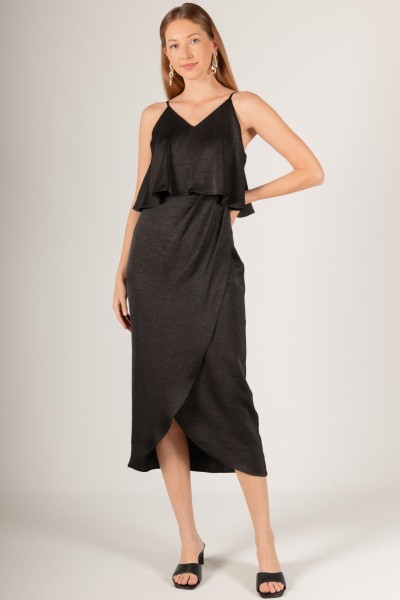D30399<br/>Textured Satin Cami Strap Wrap Skirt Midi Dress