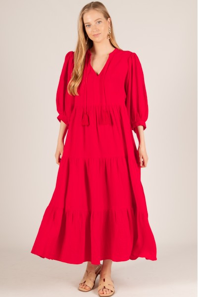 D30425<br/>Cotton Gauze Billowy 3/4 Sleeve Tiered Maxi Dress