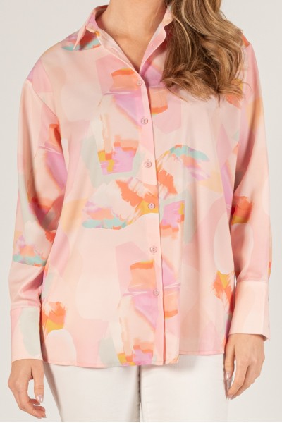 T10893<br/>Watercolor Print Satin Button Up Shirt